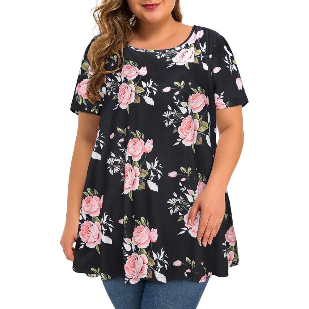 Plus Size Womens Floral Tunic Blouse Short Sleeve Casual Flowing Top